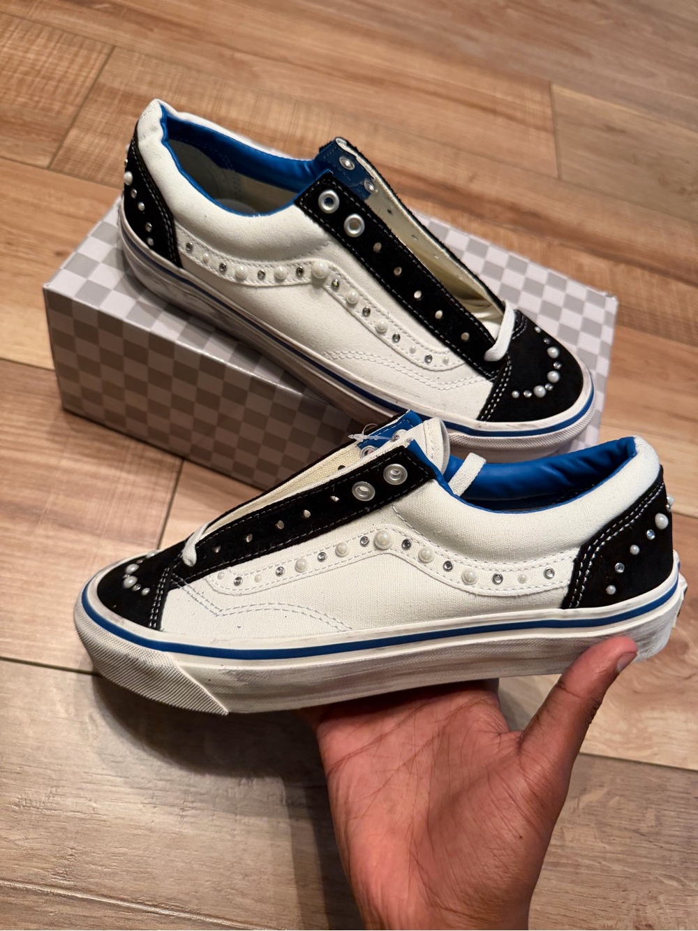 Vans White & Black Studded Low-Top Sneakers with Blue Trim